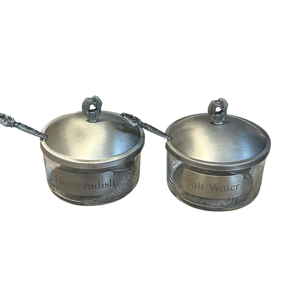 Pewter and Glass Serving Dish Set Horseradish Salt Water Judaica
